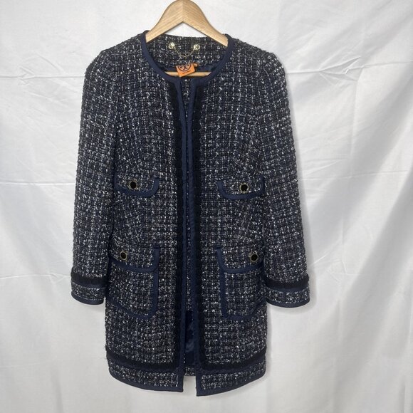 Tory Burch Anabelle Tweed Blazer Jacket Sz 2 Blue Black Gold Buttons academia - Picture 1 of 13